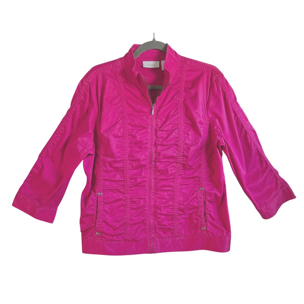 Chicos Artsy Chic Hot Pink Ruched Zip Front Jacket Size 2/L 3/4 Sleeve Mock Neck